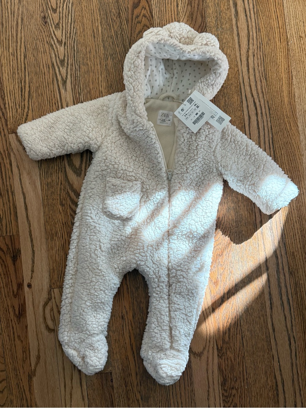 NWT Zara Baby Cream Sherpa Hooded One-Piece Footed Romper